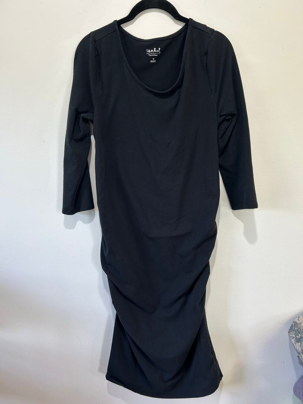 Isabel Maternity dress black size M round neck 3/4 sleeve long bodycon ruching